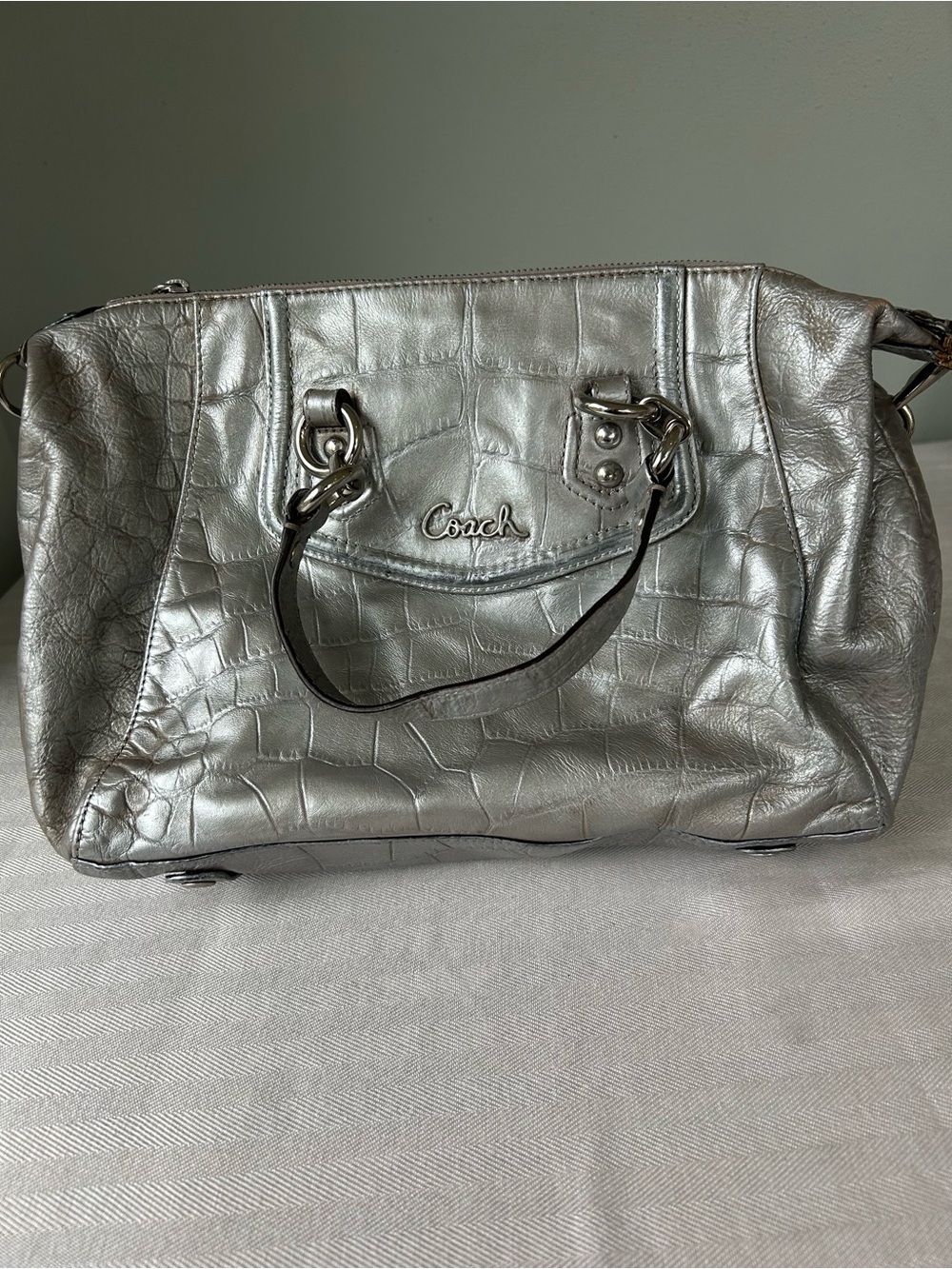 Coach Silver Croc-Embossed Leather Shoulder Bag